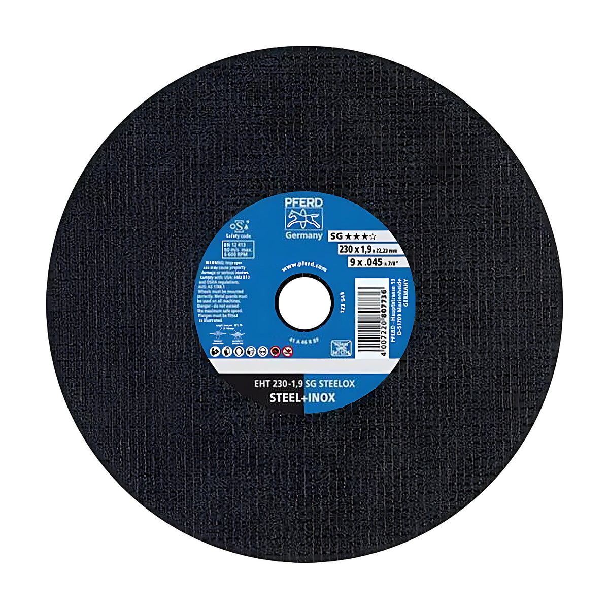 Pferd EHT 230-1,9 SG STEELOX flat cut-off wheel, 230 x 1.9 mm, large black disc with small blue PFERD label and STEEL+INOX text