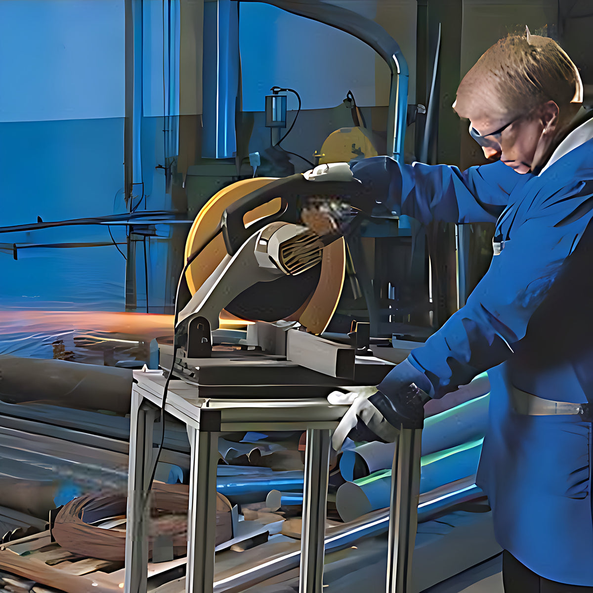 Pferd high speed stationary cut-off wheel in a yellow chop saw, operator in blue overalls and safety glasses in a steel workshop