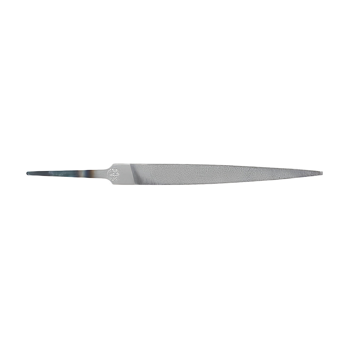 Pferd key file, pointed hand file tapering to a fine tip with a short tang, no handle, on white