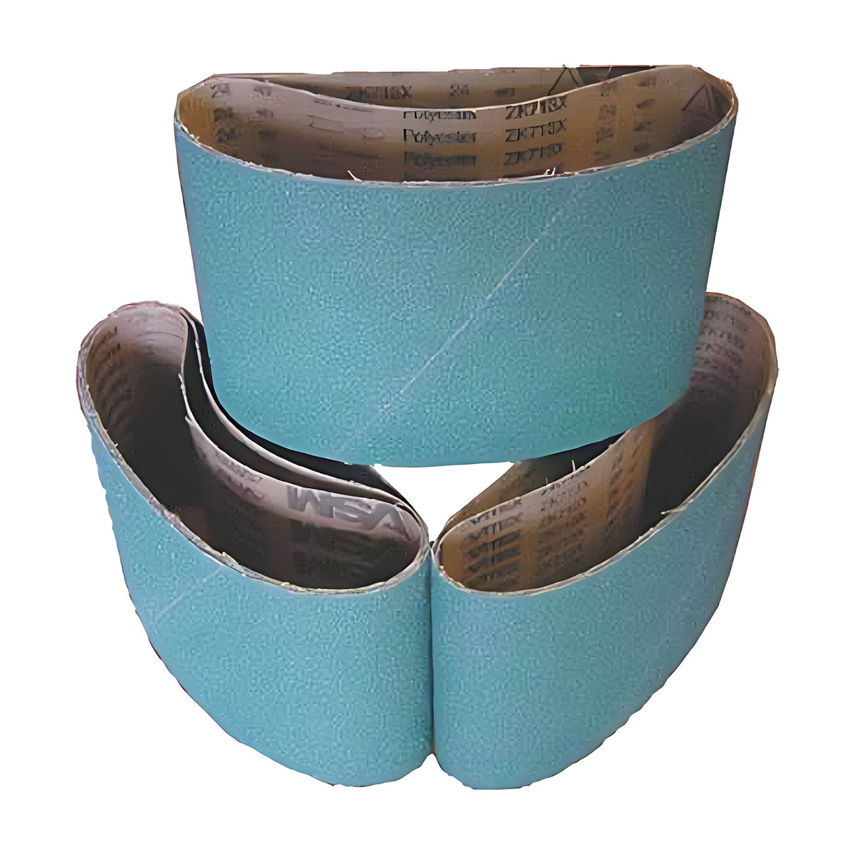 Pferd Linishing Belt Blue Zirconia Alumina 300 x 800, wide teal-green sanding belts stacked, brown backing with printed text visible inside, shown for the 300 x 800 mm belt listing