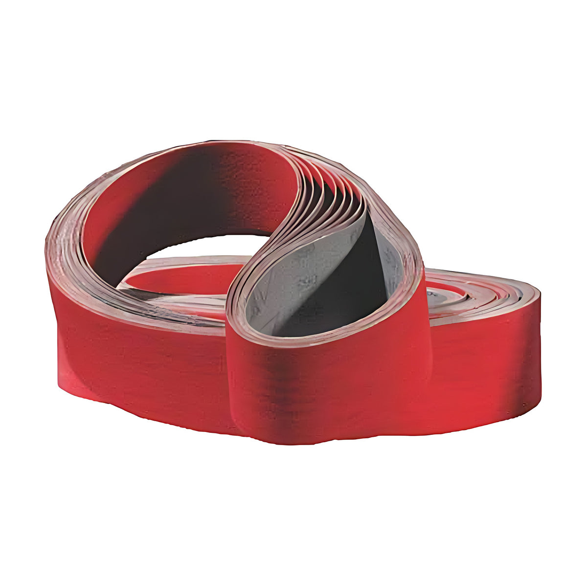Pferd full ceramic linishing belts with top coat, red-orange abrasive face and grey back, coiled loops on white, product shot