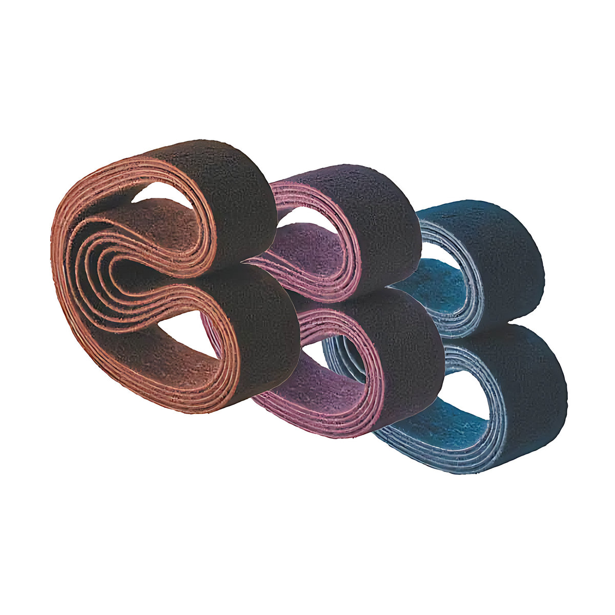 Pferd linishing belt 90 x 400 mm, three stacks of non-woven loops in brown, maroon and blue