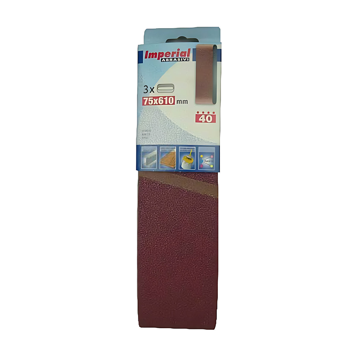 Pferd Mini Linishing Belts Aluminium Oxide, Grits 40, retail pack of three 75 x 610 mm sanding belts with a blue Imperial Abrasives label and a red abrasive strip, grit 40