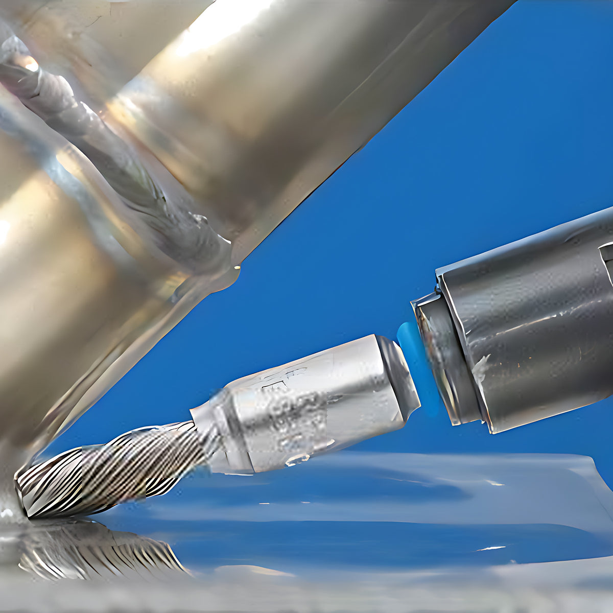 Pferd PBGS stainless single-twist pencil brush in use, twisted wire tip cleaning a weld on an angled steel tube, blue background