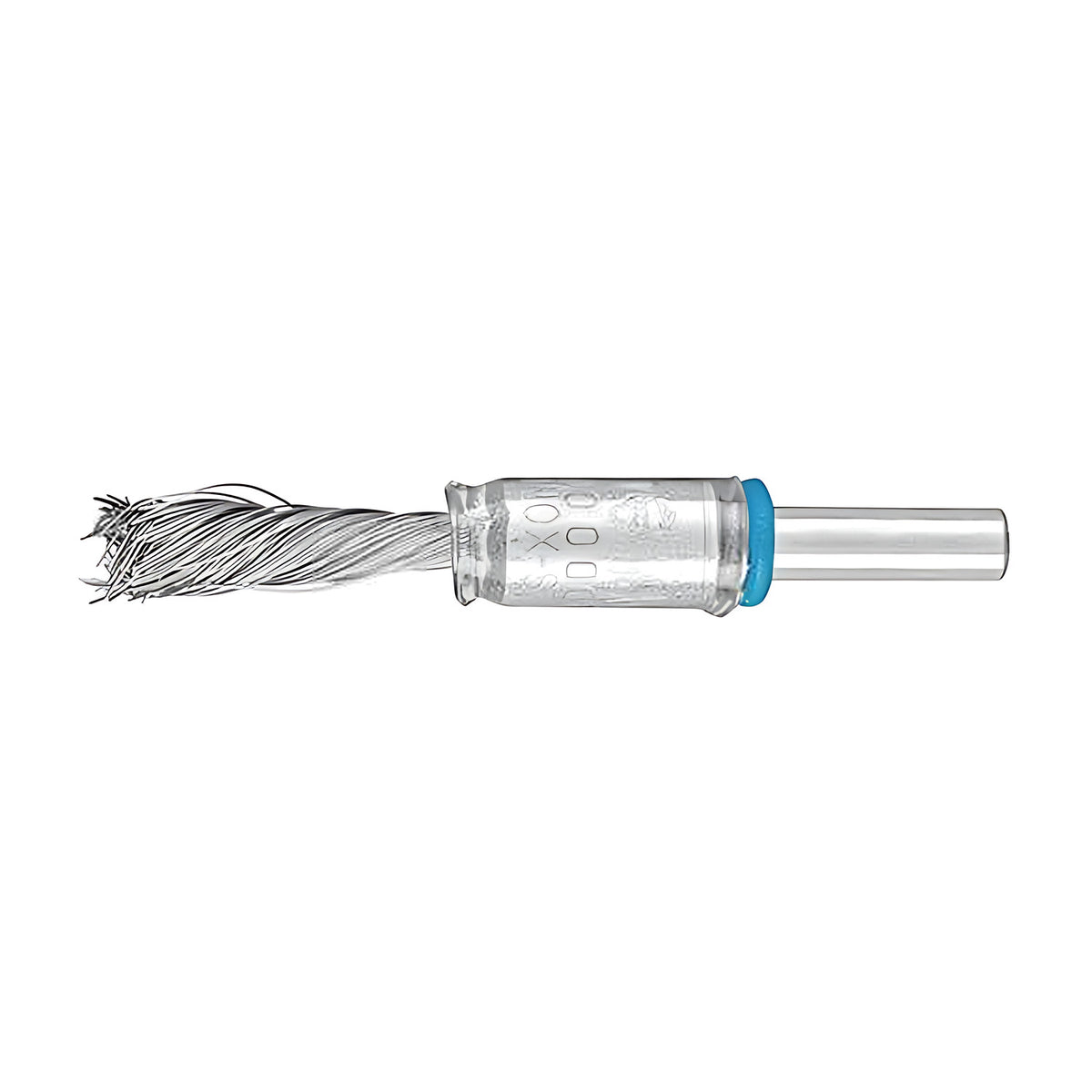 Pferd PBGS stainless single-twist pencil brush, loosely twisted frayed wire tip, longer ferrule with printed text and blue ring