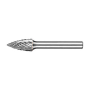 Pferd SPG ALLROUND 3/8 x 3/4 in pointed tree burr, side view of the pointed silver head on a plain shank