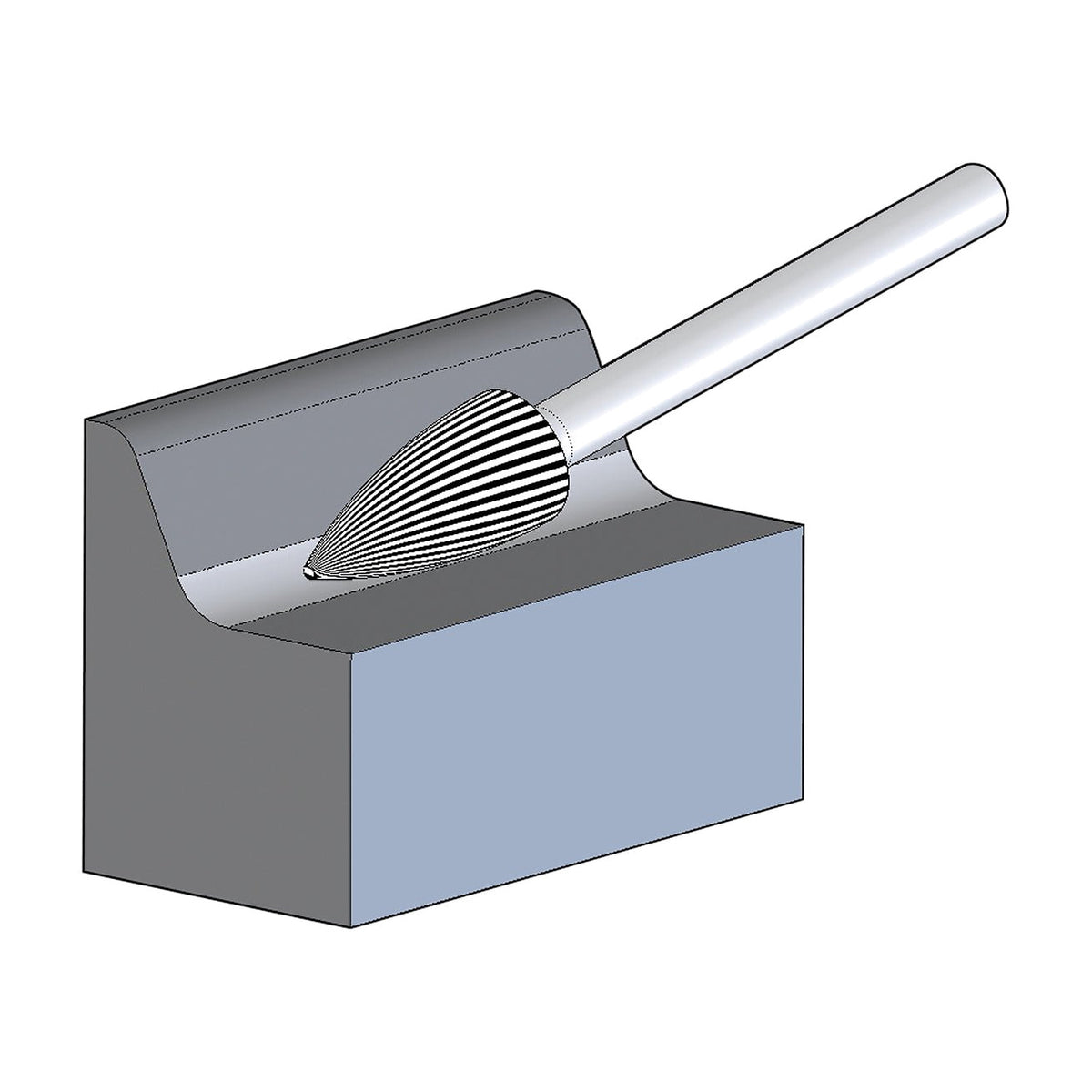 Pferd SPG ALLROUND 3/8 x 3/4 to 1/2 x 1 in tree burr, drawing of the burr cutting a curved edge in a grey block