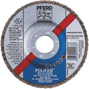 Pferd POLIFAN A-COOL SG flap disc, PFF 115 A 40 SG-COOL, silver and blue label with a red stripe, front view