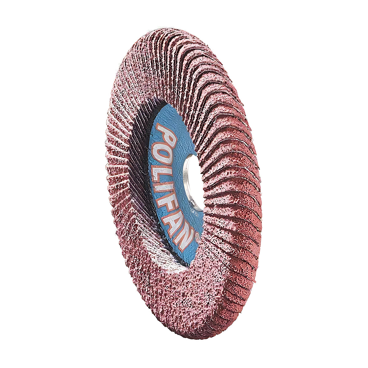 Pferd POLIFAN CURVE flap disc, angled side view of maroon flaps around a blue centre printed POLIFAN