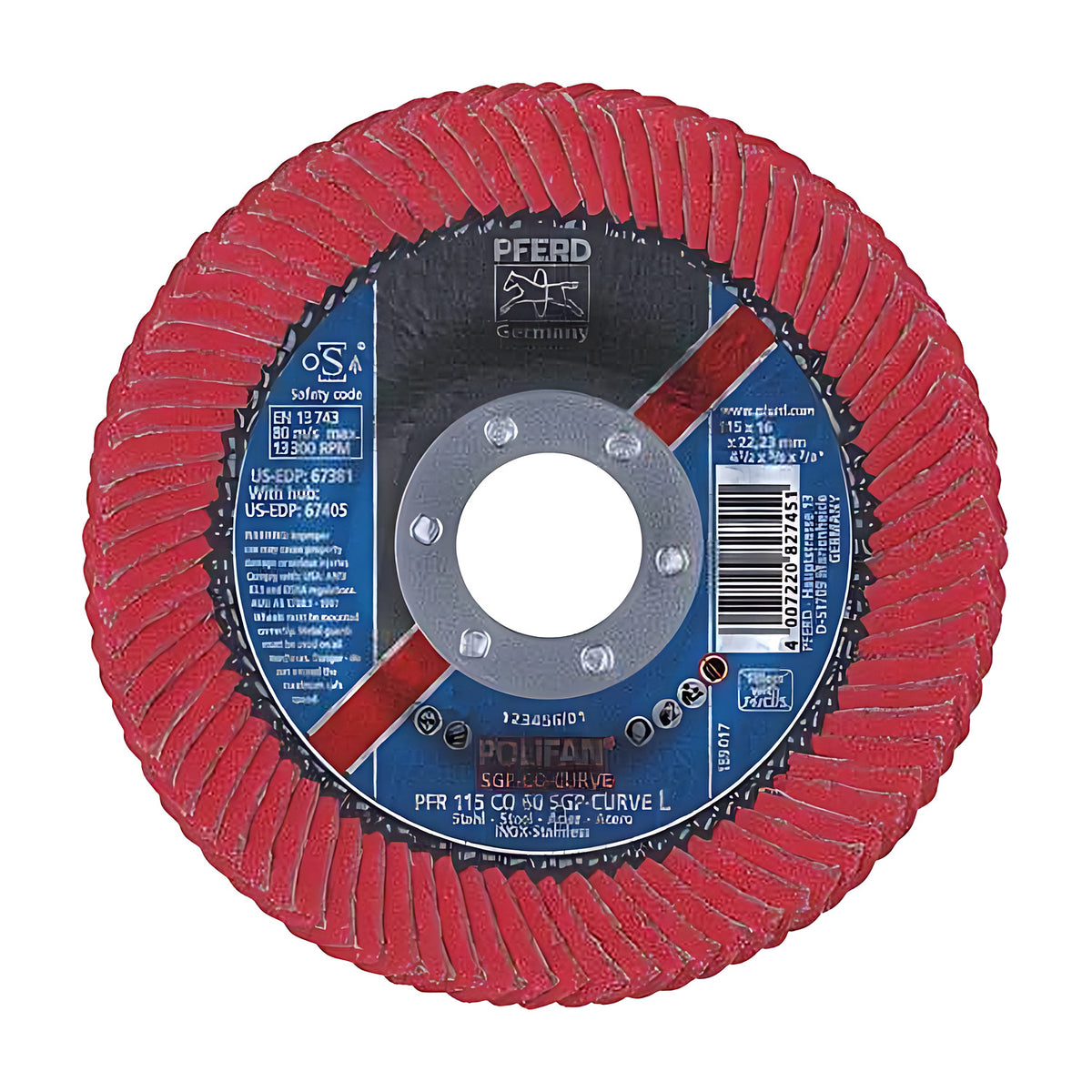 Pferd POLIFAN CURVE CO SGP STEELOX flap disc, single front view of the blue label marked PFR 115 CO 60 with red flaps