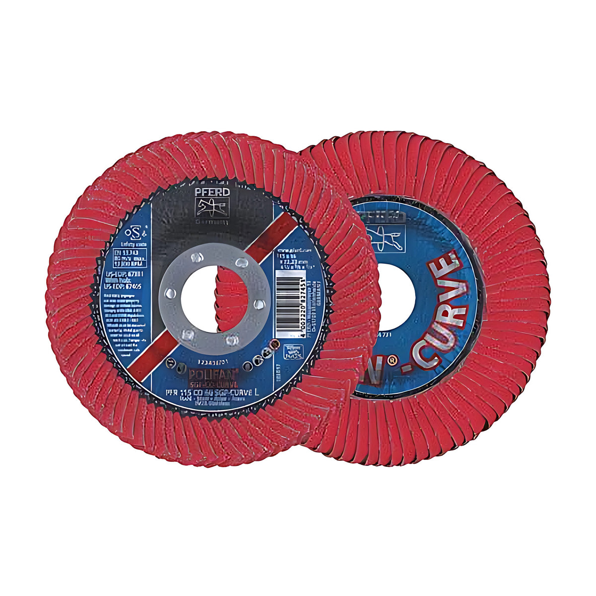 Pferd POLIFAN CURVE CO SGP STEELOX flap discs, red flaps, label side marked PFR 115 CO 60 SGP-CURVE L beside the back