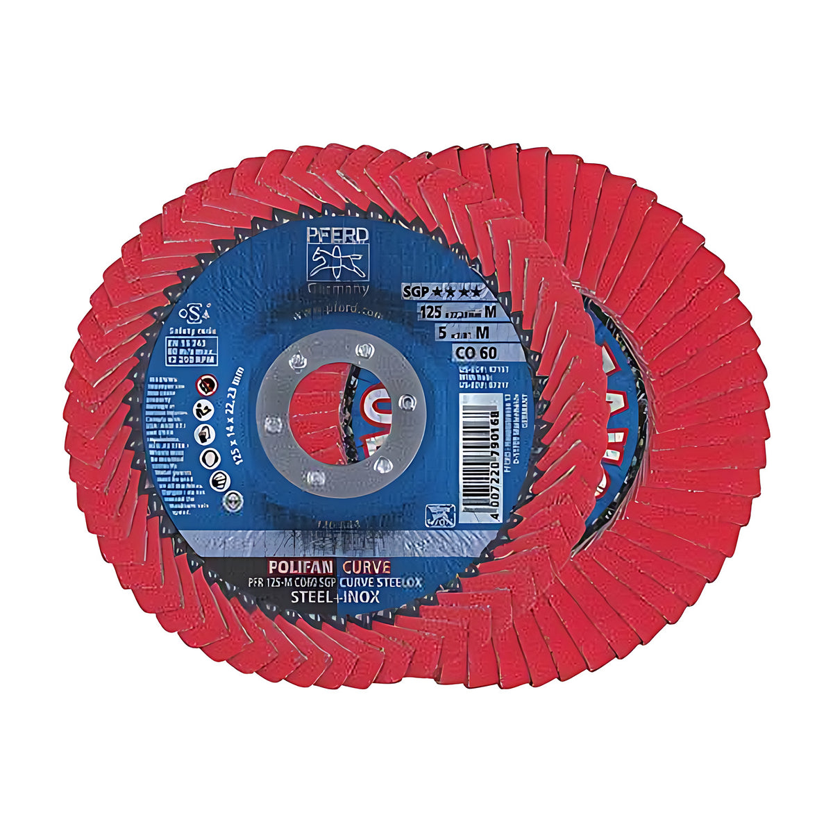 Pferd POLIFAN CURVE CO STEELOX flap discs, two overlapping red 125 mm discs, label marked PFR 125-M CO 60 STEEL+INOX