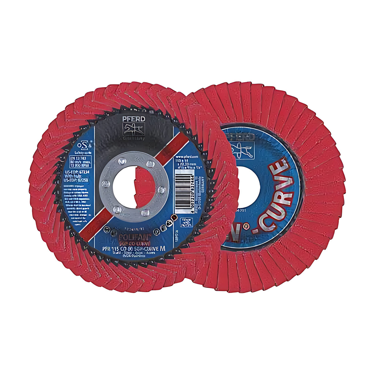 Pferd POLIFAN CURVE CO SGP STEELOX flap discs, red flaps, label side marked PFR 115 CO 60 SGP-CURVE M beside the back