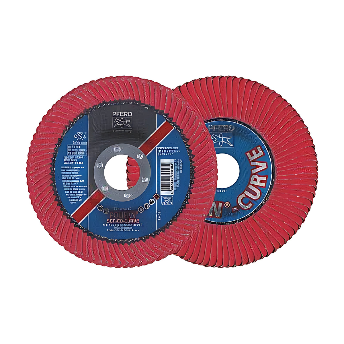 Pferd POLIFAN CURVE CO SGP STEELOX flap discs, red flaps, label side marked PFR 125 CO 60 SGP-CURVE L beside the back