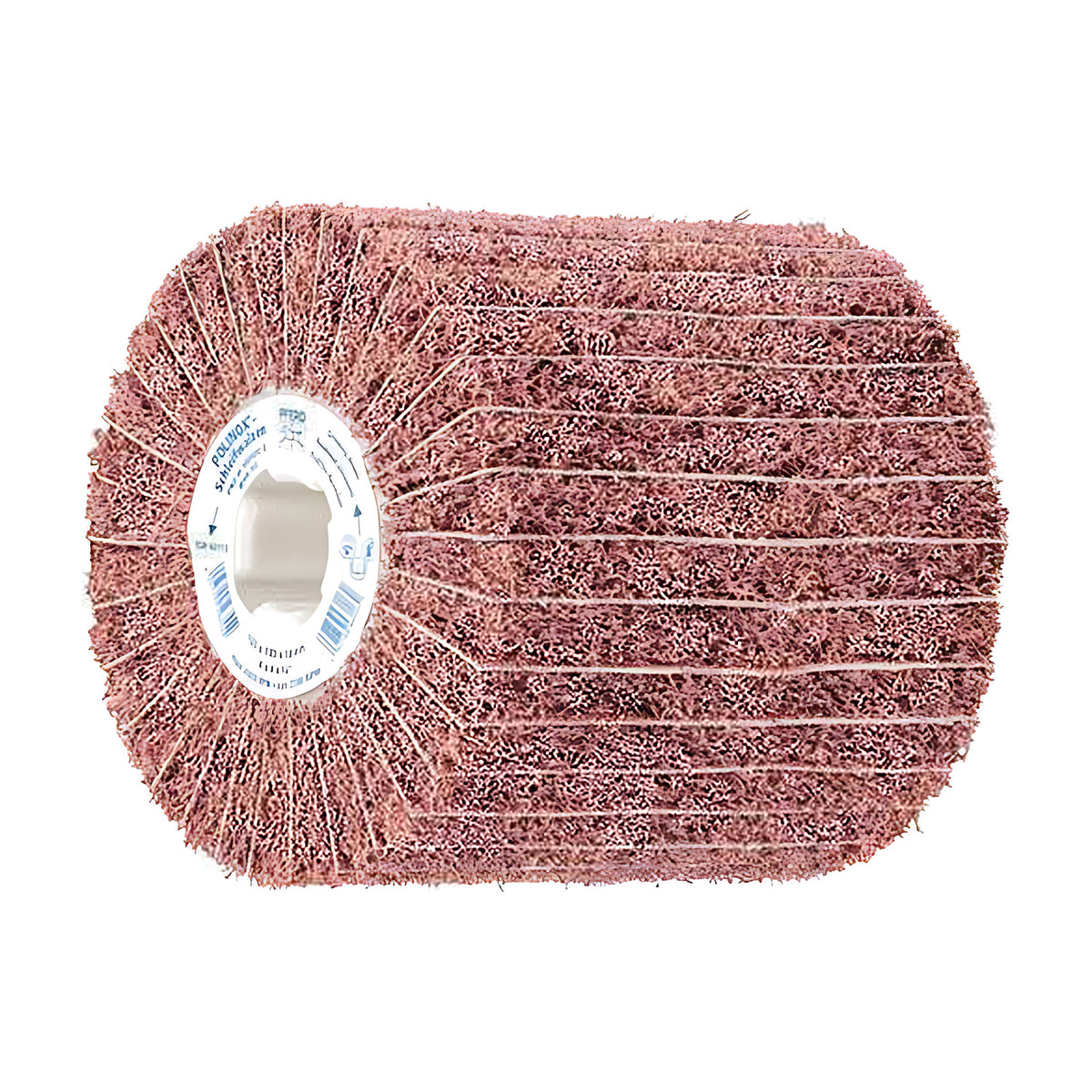 Pferd POLINOX PNZ-W grinding drum 100 x 100 mm, pink-brown flaps with white cloth lines, hub label facing the viewer