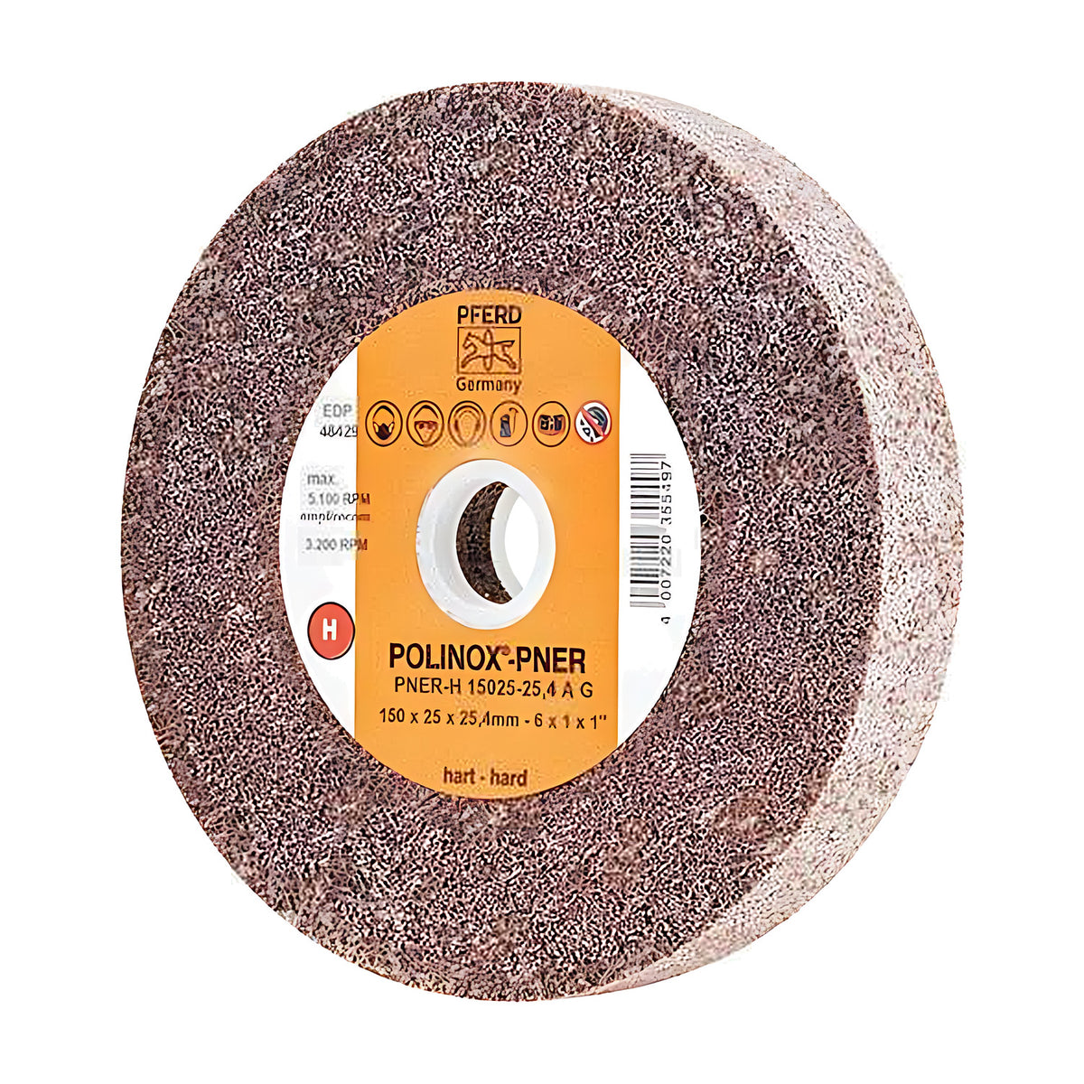 Pferd POLINOX PNER-H unitized wheel 150 x 25 mm, reddish-brown wheel with an orange label marked PNER-H 15025-25,4 A G, hard
