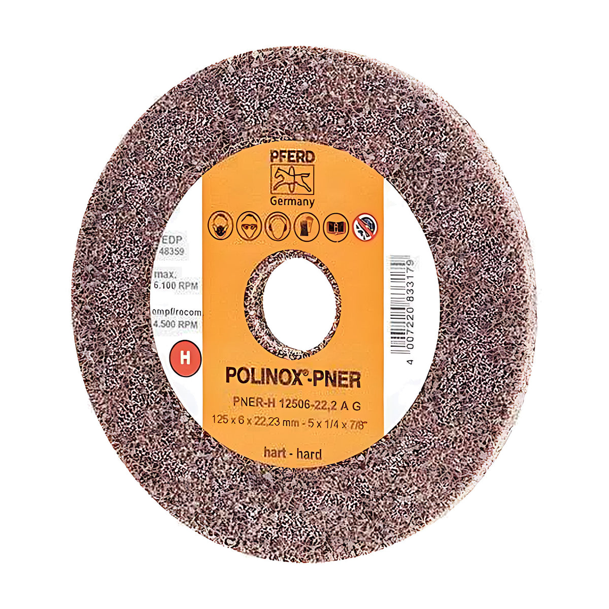 Pferd POLINOX PNER-H unitized wheel 125 x 6 mm, reddish-brown wheel with an orange label marked PNER-H 12506-22,2 A G, hard