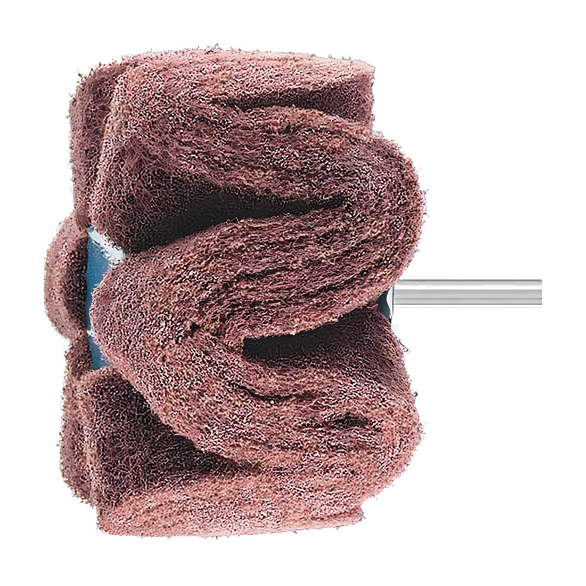 Pferd POLINOX PNG mounted non-woven wheel 100 x 50 mm on a 6 mm shank, wavy maroon-brown strips folded round a blue hub