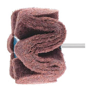 Pferd POLINOX PNG mounted non-woven wheel 100 x 50 mm on a 6 mm shank, wavy maroon-brown strips folded round a blue hub