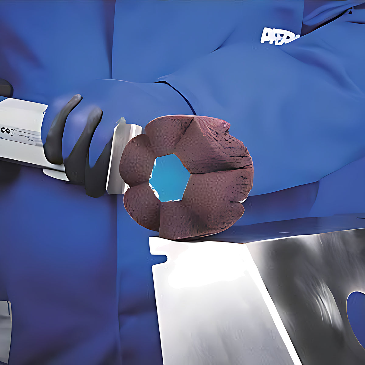 Pferd POLINOX PNG Mounted Non-Woven Grinding Wheel, gloved hand holding a power tool with a maroon wavy non-woven wheel against the corner of a steel sheet, blue overalls