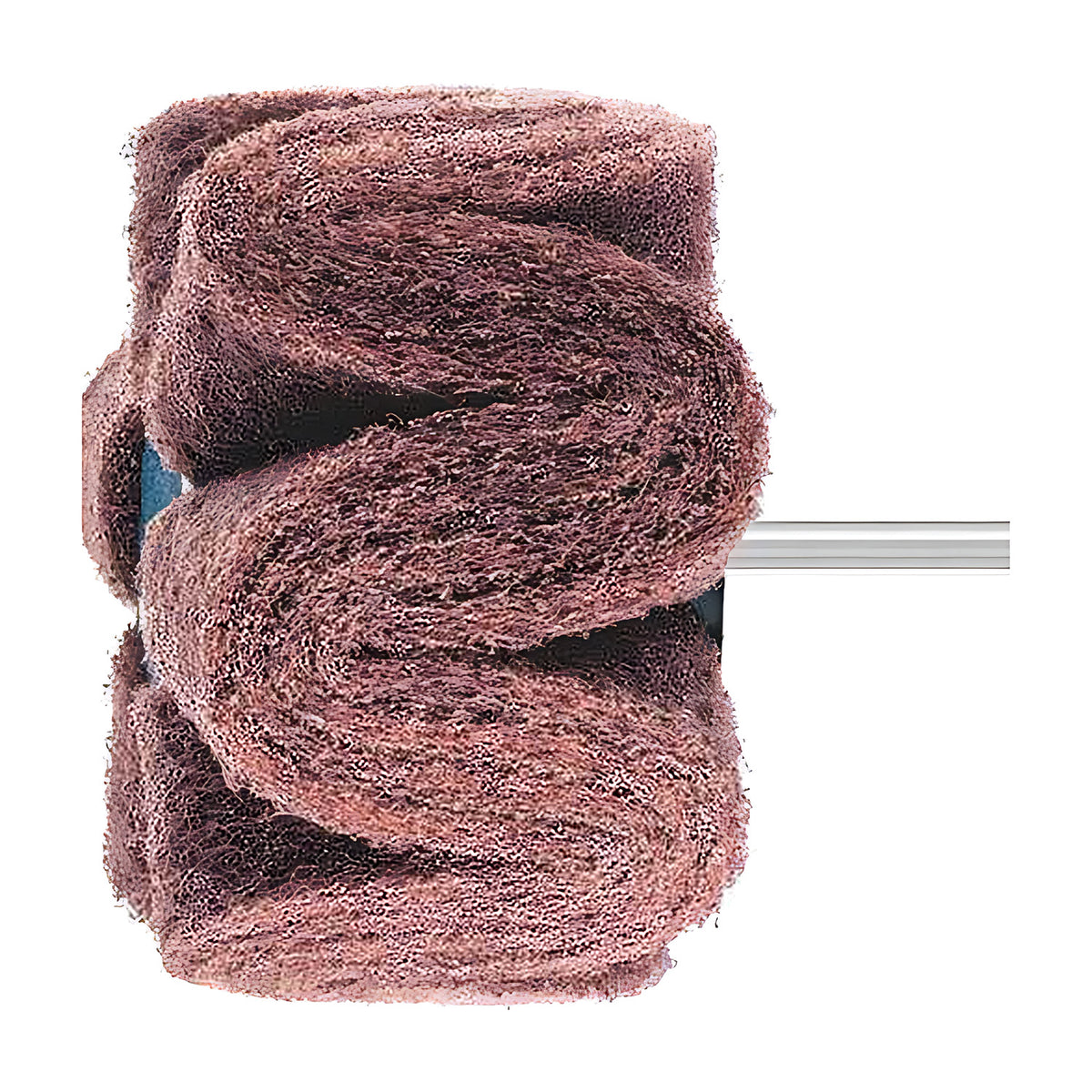 Pferd POLINOX PNG mounted non-woven wheel on a 6 mm shank, angled view of wavy folded pink-brown strips with the blue hub at left