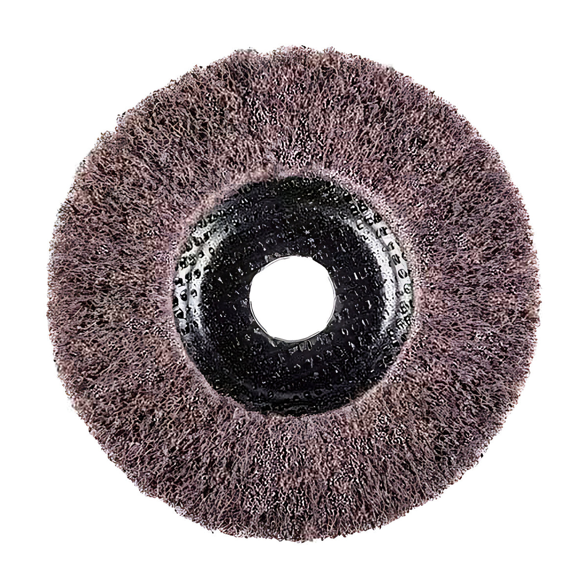 Pferd Polinox PNL 125 mm grinding disc, dense dark mauve non-woven face with a black centre backing and hole, front view
