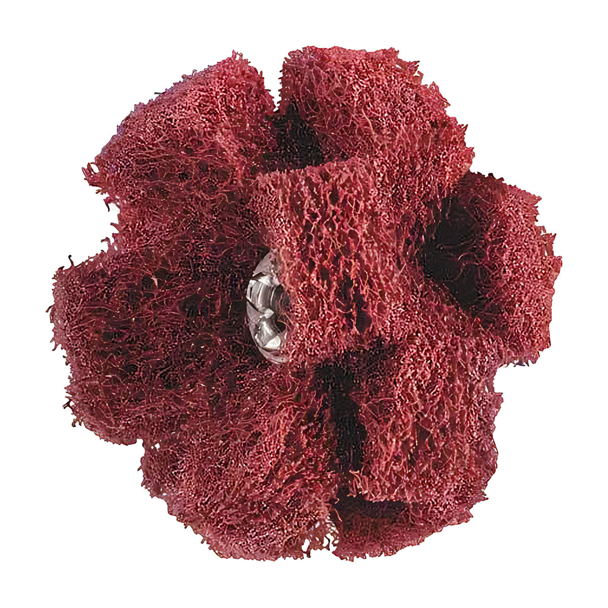 Pferd POLINOX PNST cross buff, red non-woven buff with six raised pads around a silver hub, front view on white