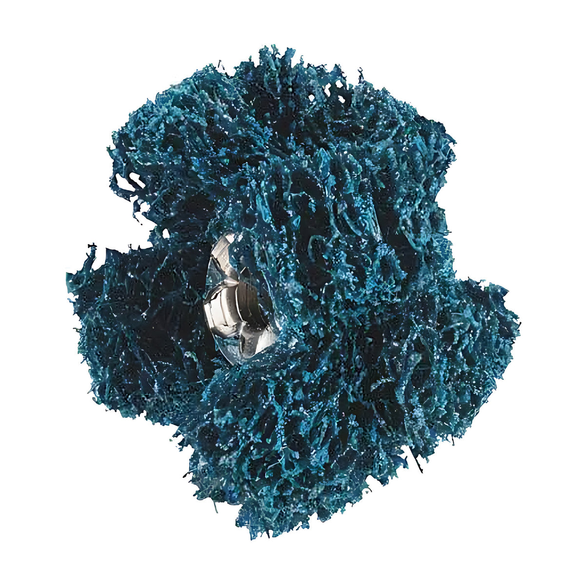 Pferd POLINOX PNST cross buff, teal blue-green non-woven buff with a silver metal hub, angled view on white