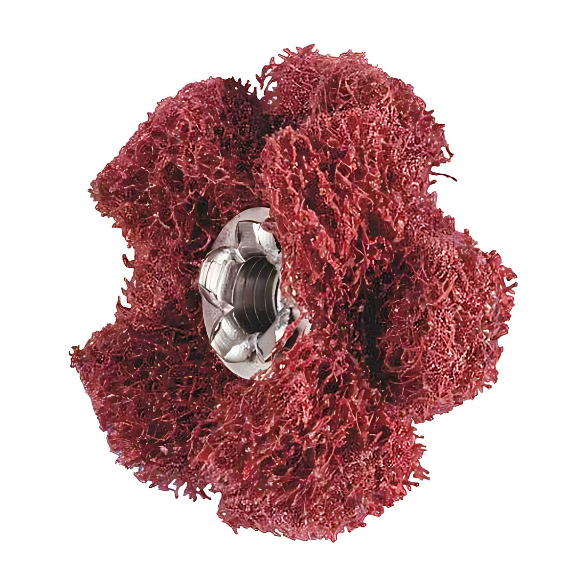 Pferd POLINOX PNST cross buff, red-maroon non-woven buff with a silver metal hub, angled view on white
