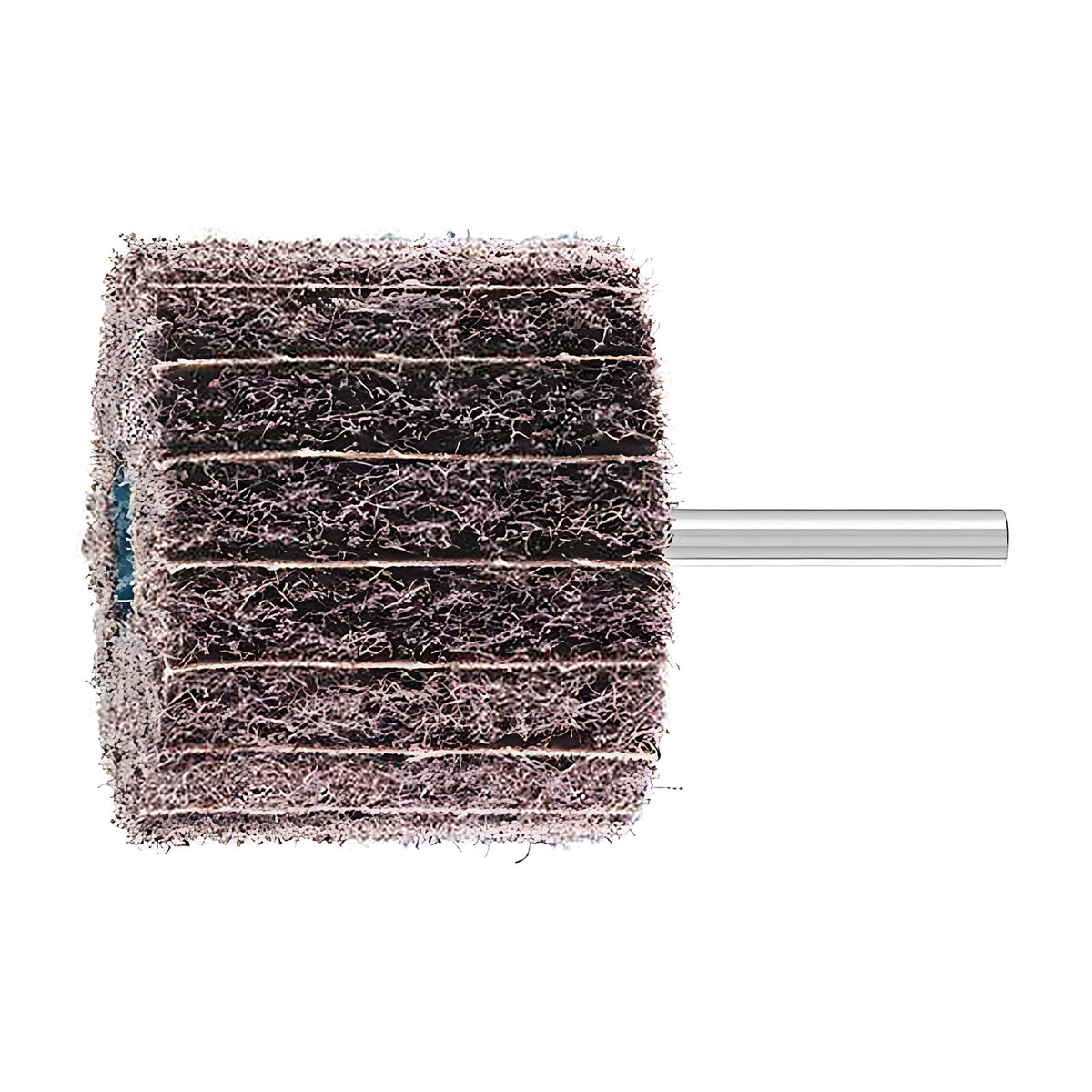 Pferd POLINOX PNZ mounted non-woven wheel on a 6 mm shank, medium dark head with pale cloth lines and a blue hub at left