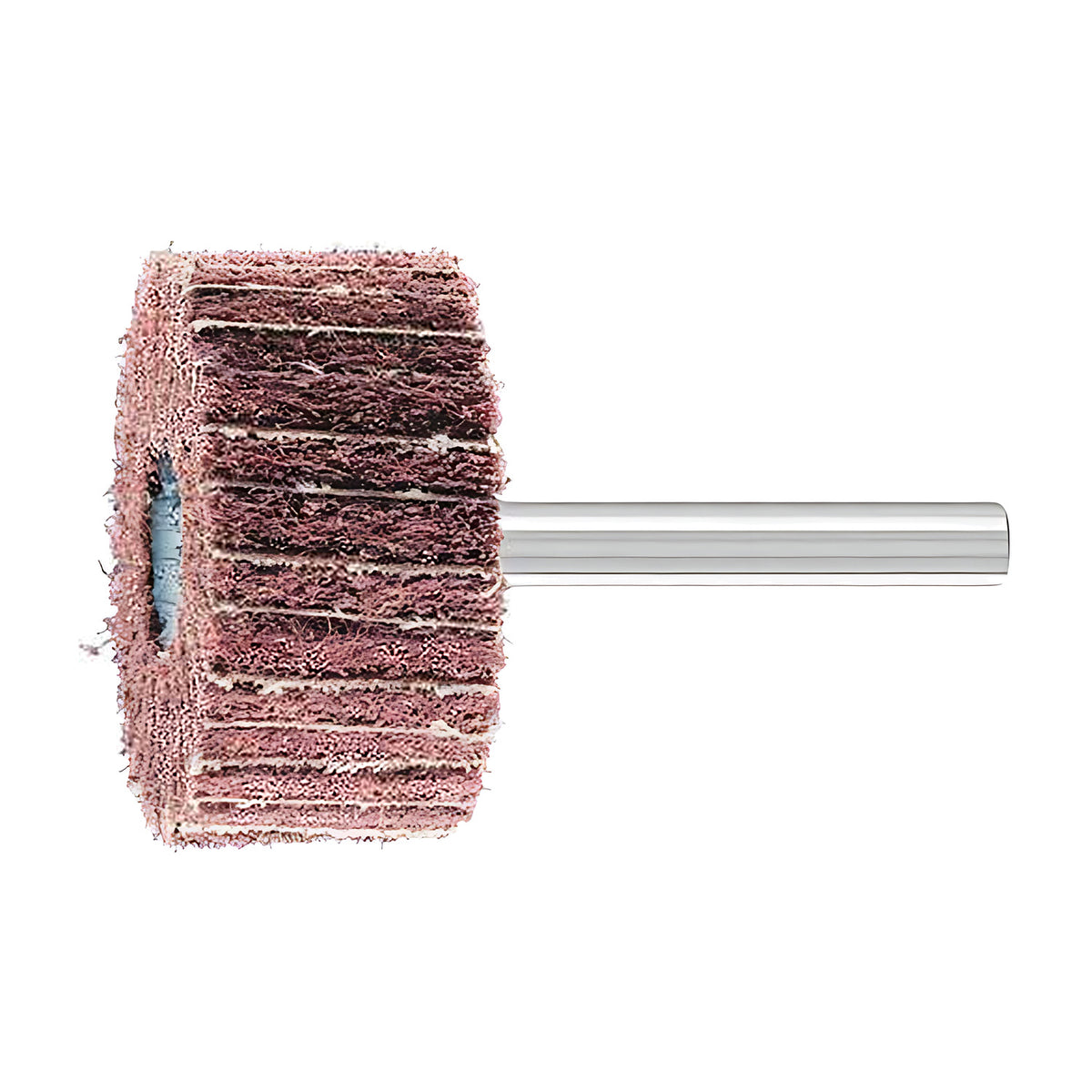 Pferd POLINOX PNZ mounted non-woven wheel on a 6 mm shank, small pink-brown head with pale cloth lines