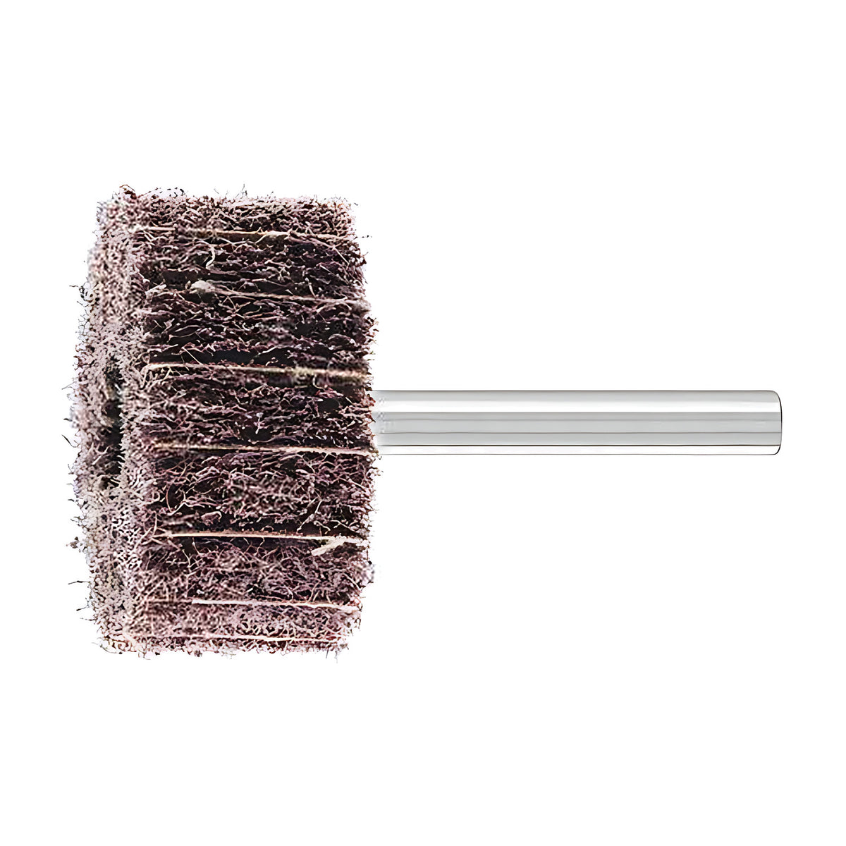 Pferd POLINOX PNZ mounted non-woven wheel on a 6 mm shank, small dark frayed head with pale cloth strip lines