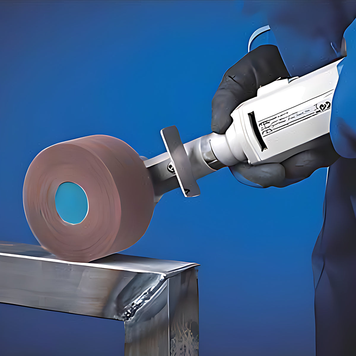 Pferd POLINOX PNZ Mounted Non-Woven Grinding Wheel, 40, gloved operator with a hand-held tool and a pink-brown wheel against a welded steel tube corner, blue background