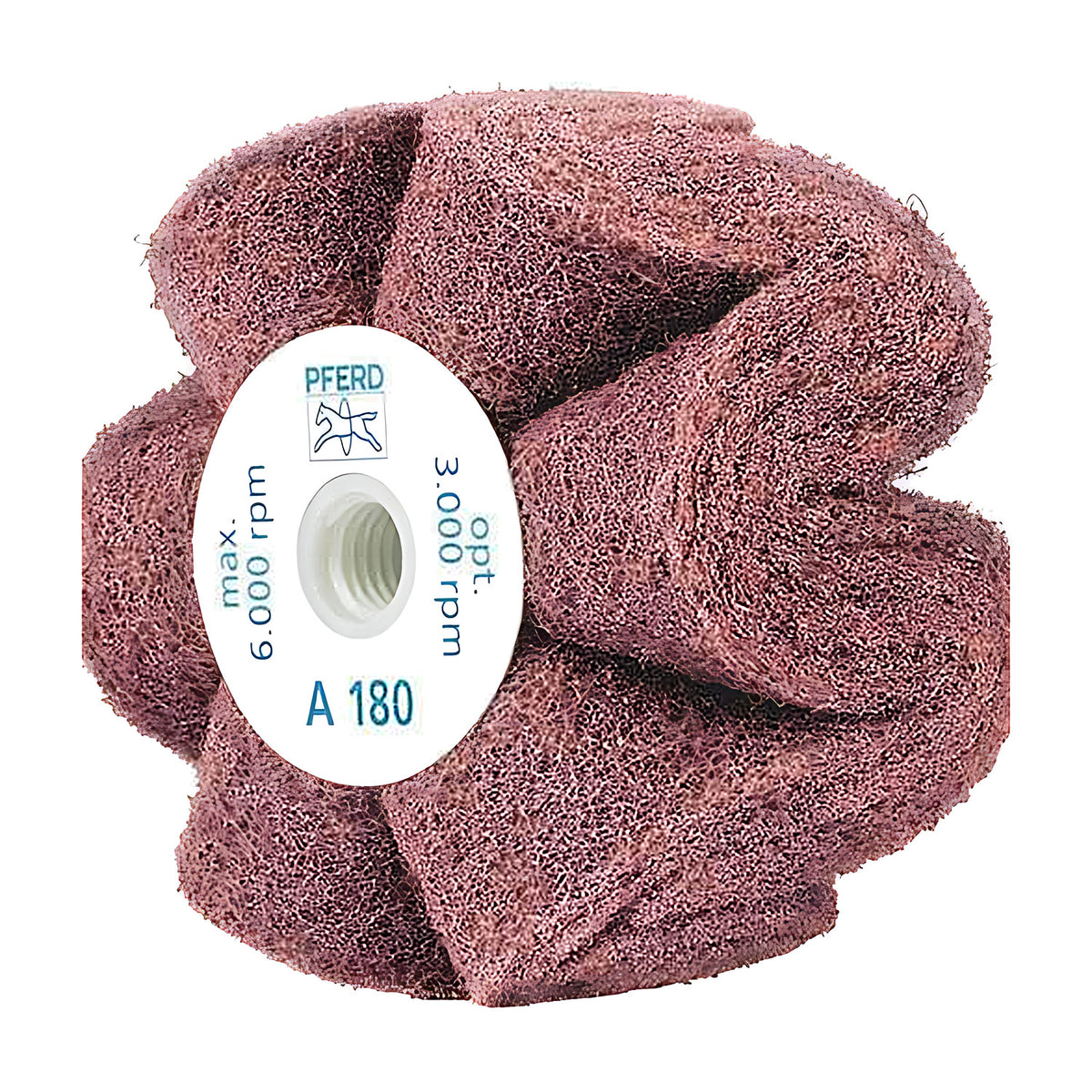 Pferd POLINOX PNG threaded wheel 100 x 50 mm, A 180 on the white hub label with a threaded centre, red-brown wavy lobes