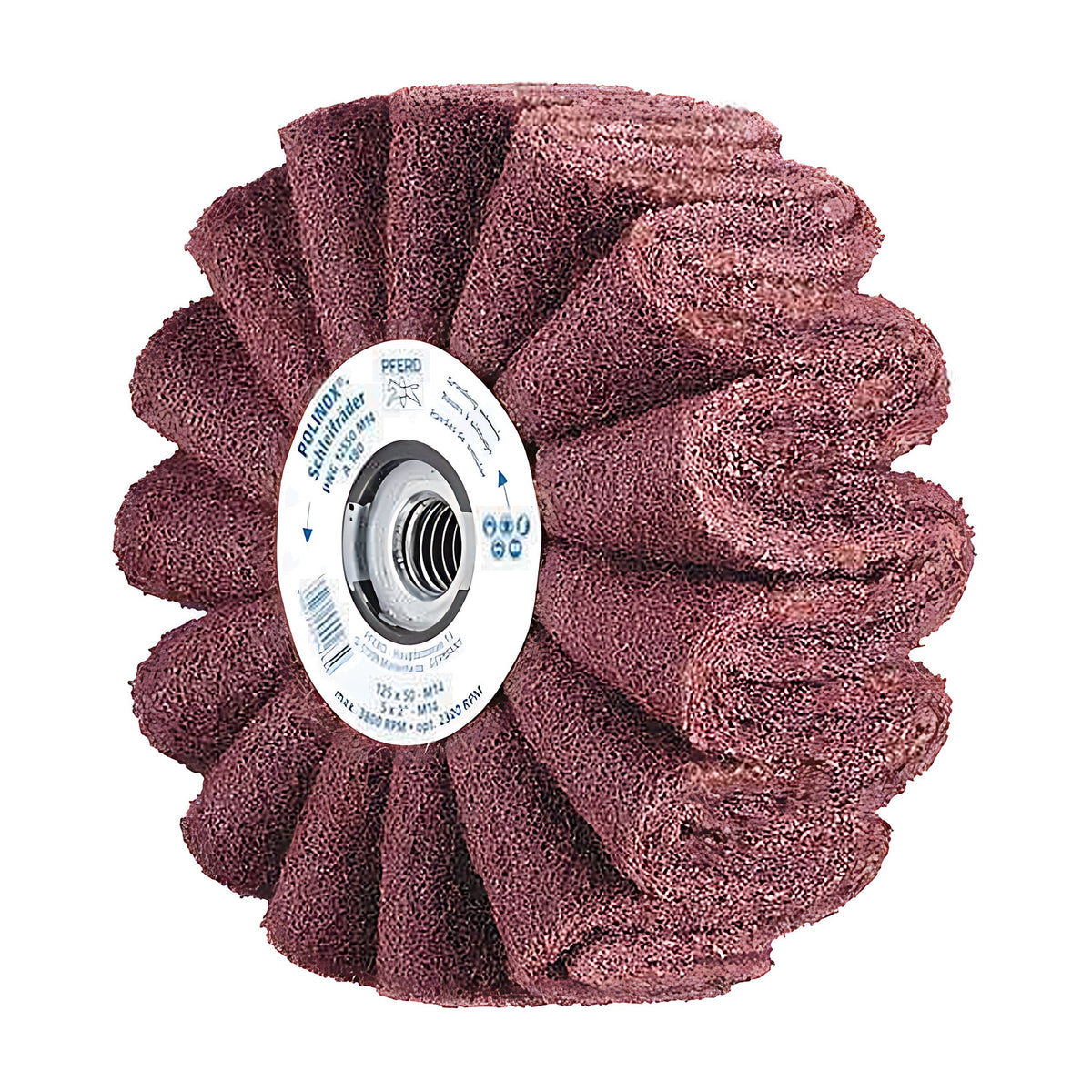 Pferd POLINOX PNG threaded wheel 125 x 50 mm, pink-red pleated lobes, white hub label with a threaded centre