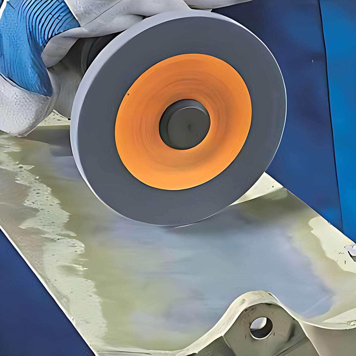 Pferd POLINOX PNER-MH Unitized Wheel, Aluminium Oxide, gloved hand holding an angle grinder with a grey orange-centred wheel on a flat sheet, blue overalls behind, PNER-MH 125 x 6 mm listing