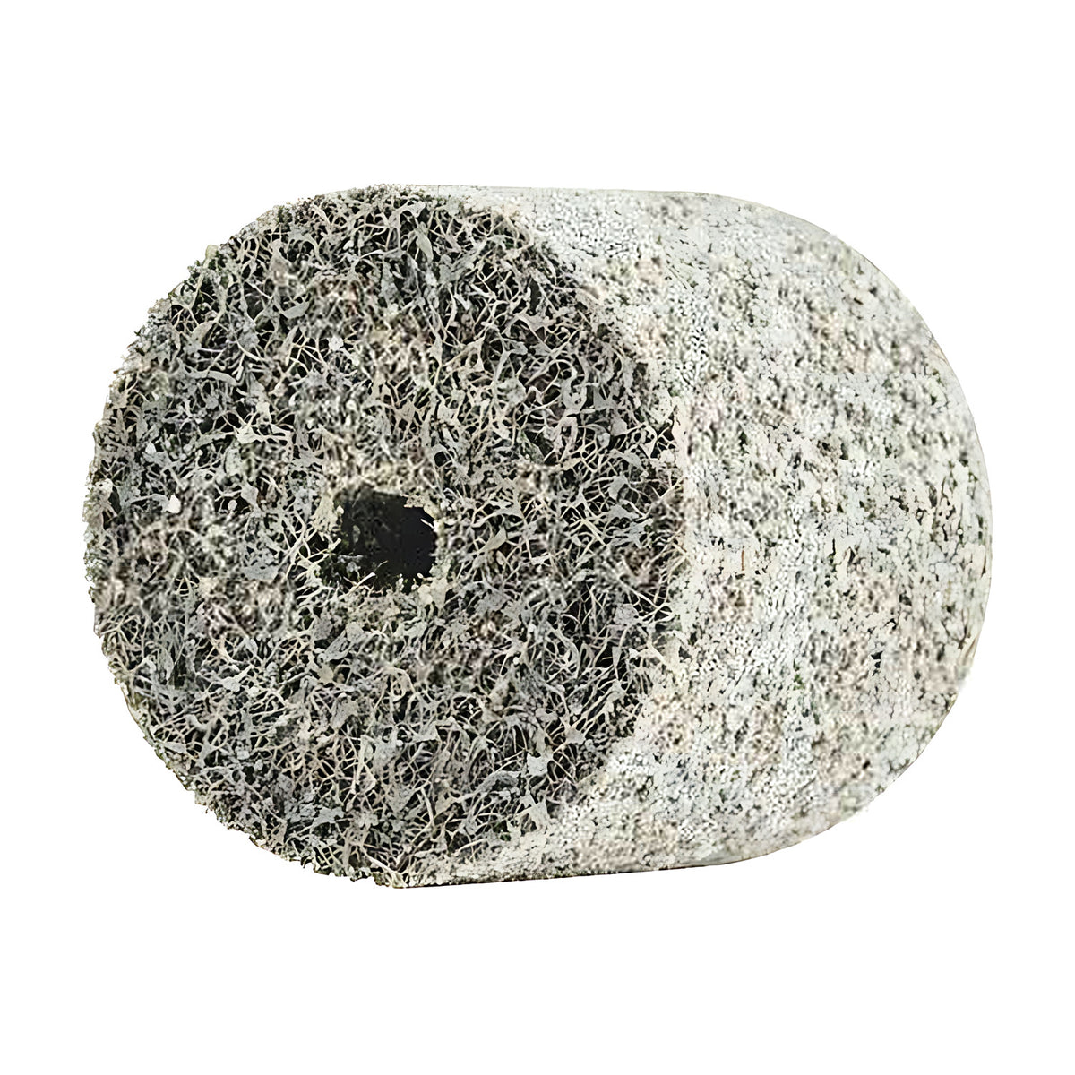 Pferd POLINOX PNER-MH Unitized Wheel, Aluminium Oxide, cylindrical block of coarse grey and white fibrous abrasive with a small hole through the centre, no markings