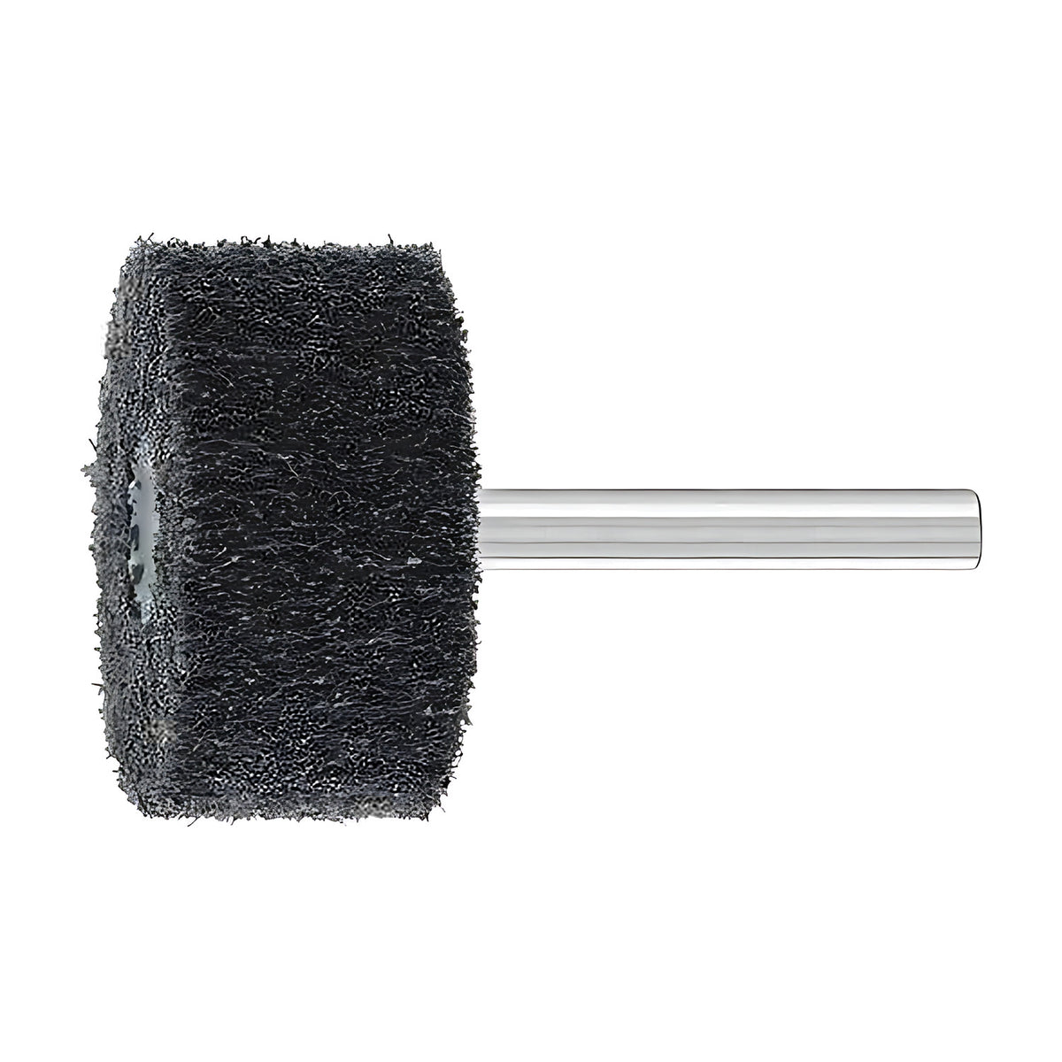 Pferd Polinox PNL mounted wheel, dark charcoal non-woven wheel with a long steel shank pointing right