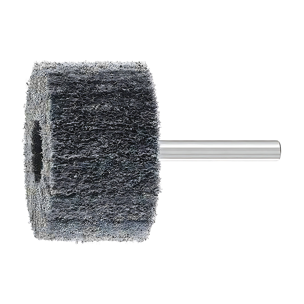 Pferd Polinox PNL mounted wheel, small grey-black non-woven wheel on a plain steel shank, side view