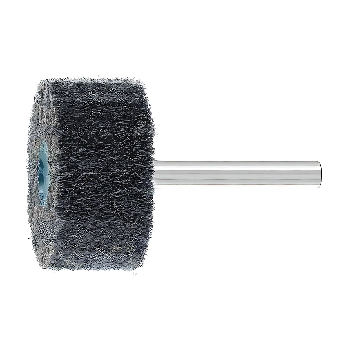 Pferd Polinox PNL mounted wheel, shorter dark non-woven wheel with a pale blue core and steel shank