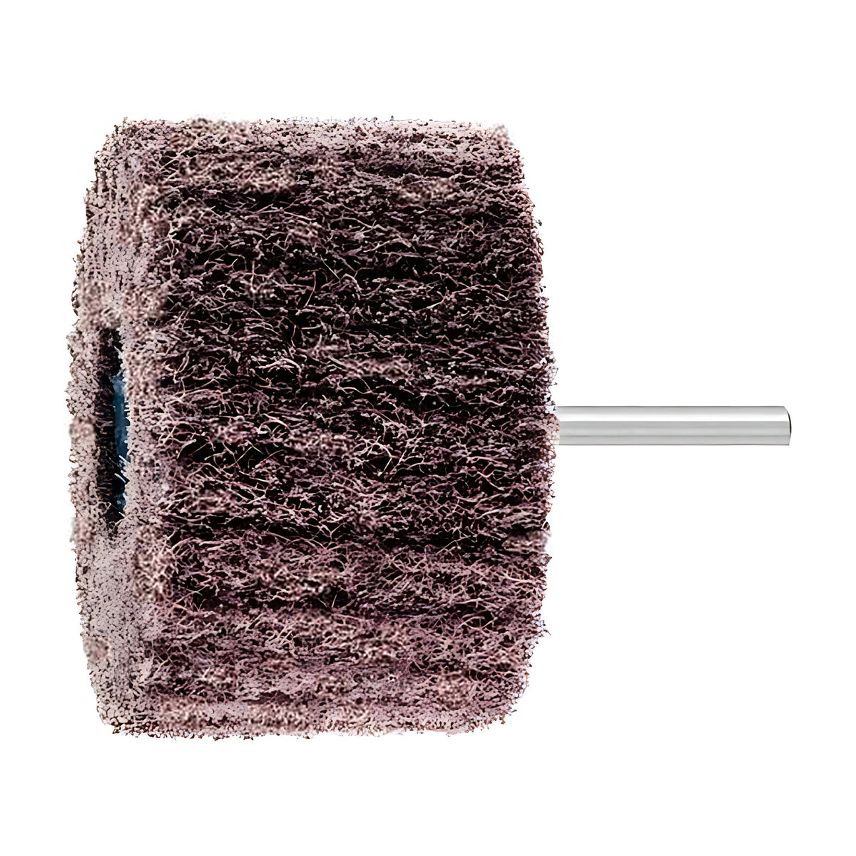 Pferd POLINOX PNL non-woven wheel with a steel shank fitted, dark frayed fibres and a blue hub at left