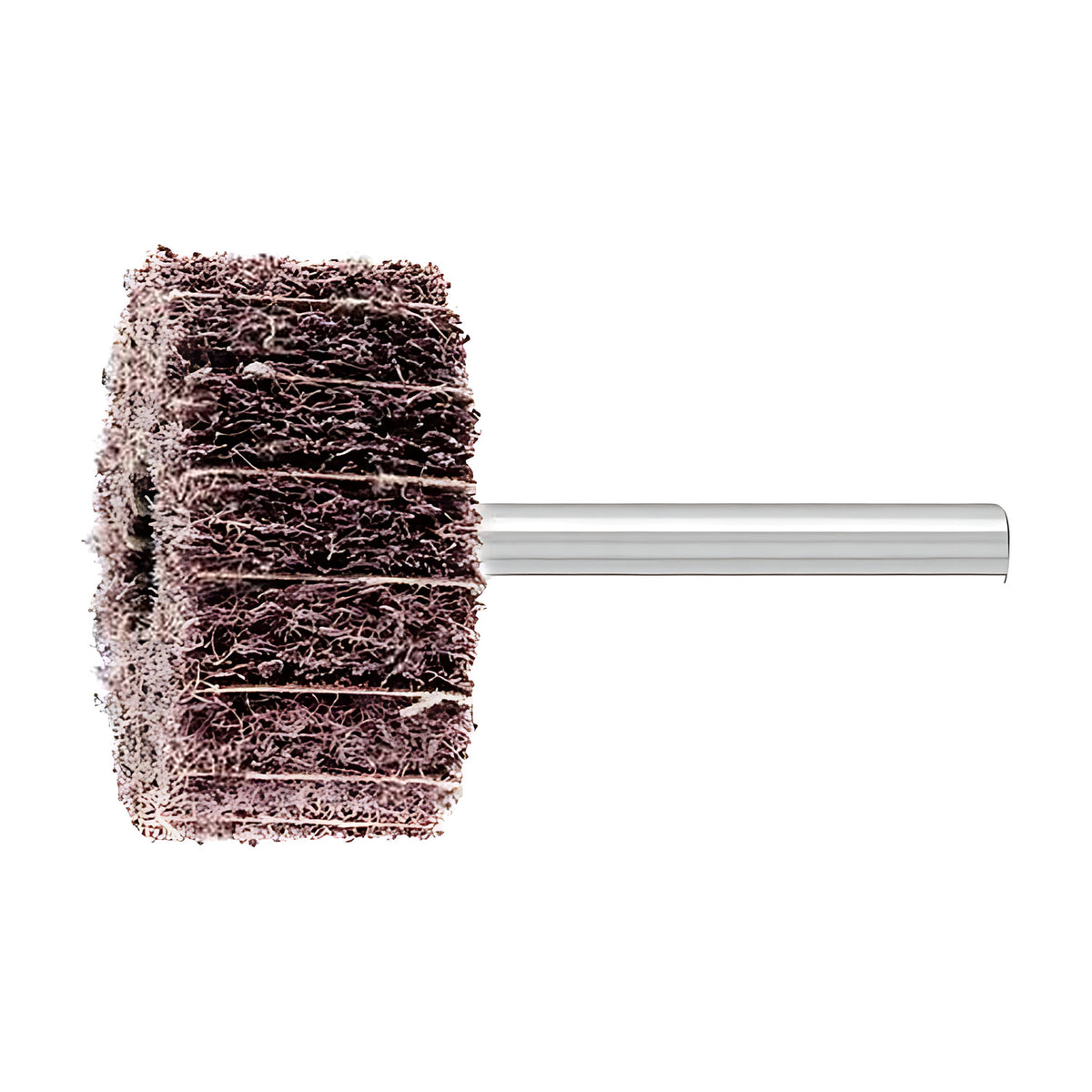 Pferd POLINOX PNZ non-woven wheel with a steel shank fitted, dark fibres with pale cloth lines and a blue hub at left