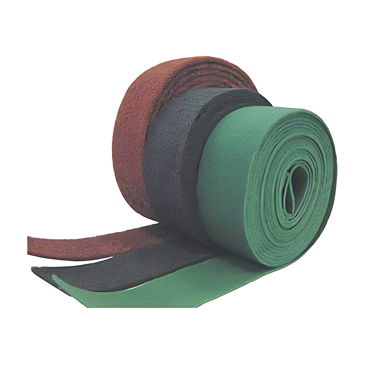 Pferd POLIVLIES abrasive rolls, three non-woven rolls in maroon, dark grey and green with loose ends unrolled in front