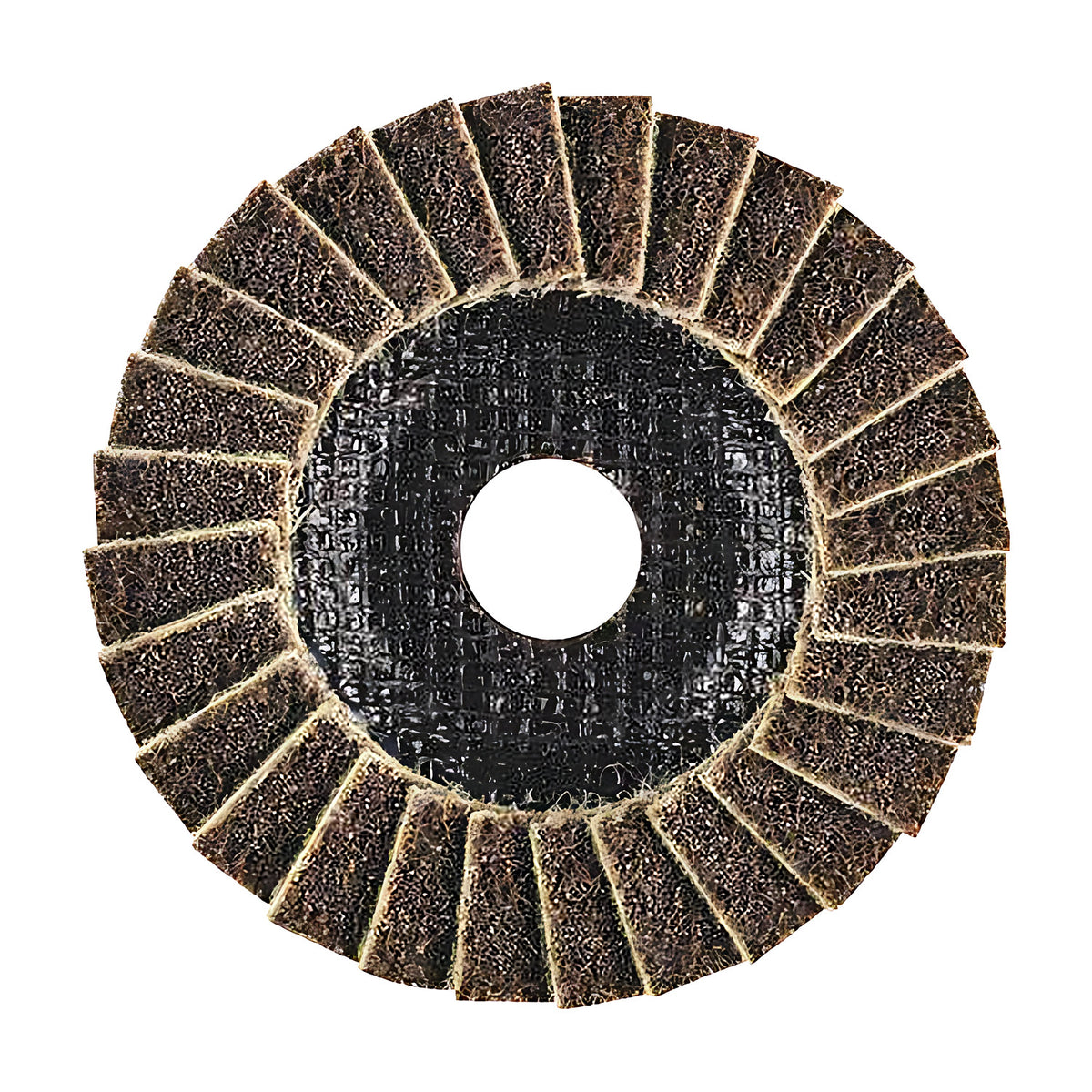 Pferd POLIVLIES PVL Flap Disc, Aluminium Oxide, 115 mm, brown non-woven flap disc, back view of overlapping brown flaps around a black backing plate with a centre hole