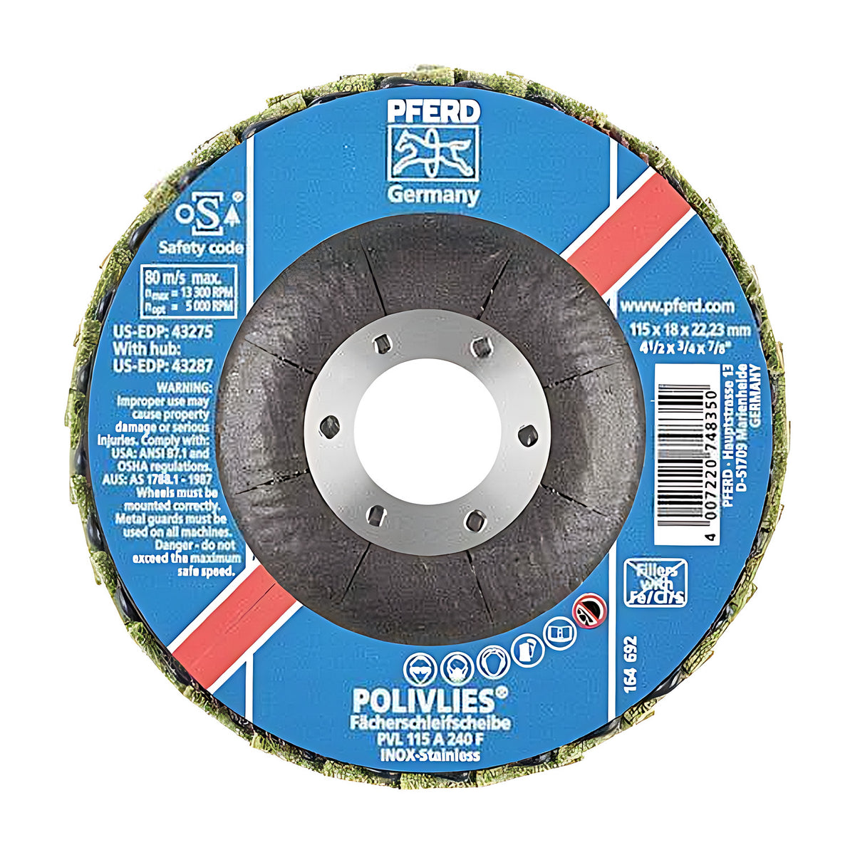 Pferd POLIVLIES PVL flap disc 115 mm, blue label marked PVL 115 A 240 F with a red stripe and a yellow-green non-woven rim