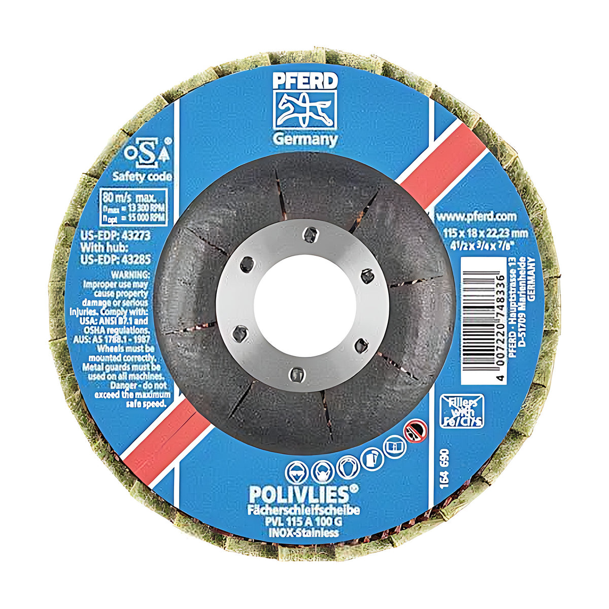 Pferd POLIVLIES PVL flap disc 115 mm, blue label marked PVL 115 A 100 G with a red stripe and a yellow-green non-woven rim