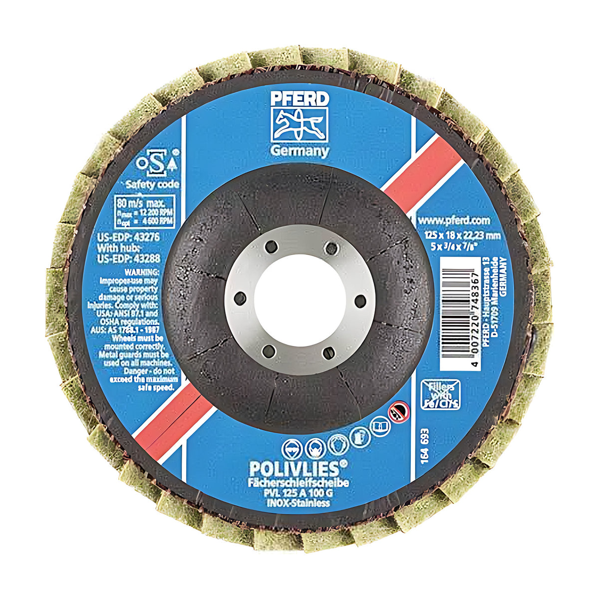 Pferd POLIVLIES PVL flap disc 125 mm, blue label marked PVL 125 A 100 G with a red stripe and a yellow-green non-woven rim