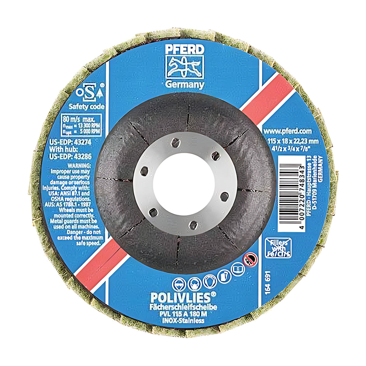 Pferd POLIVLIES PVL flap disc 115 mm, blue label marked PVL 115 A 180 M with a red stripe and a yellow-green non-woven rim