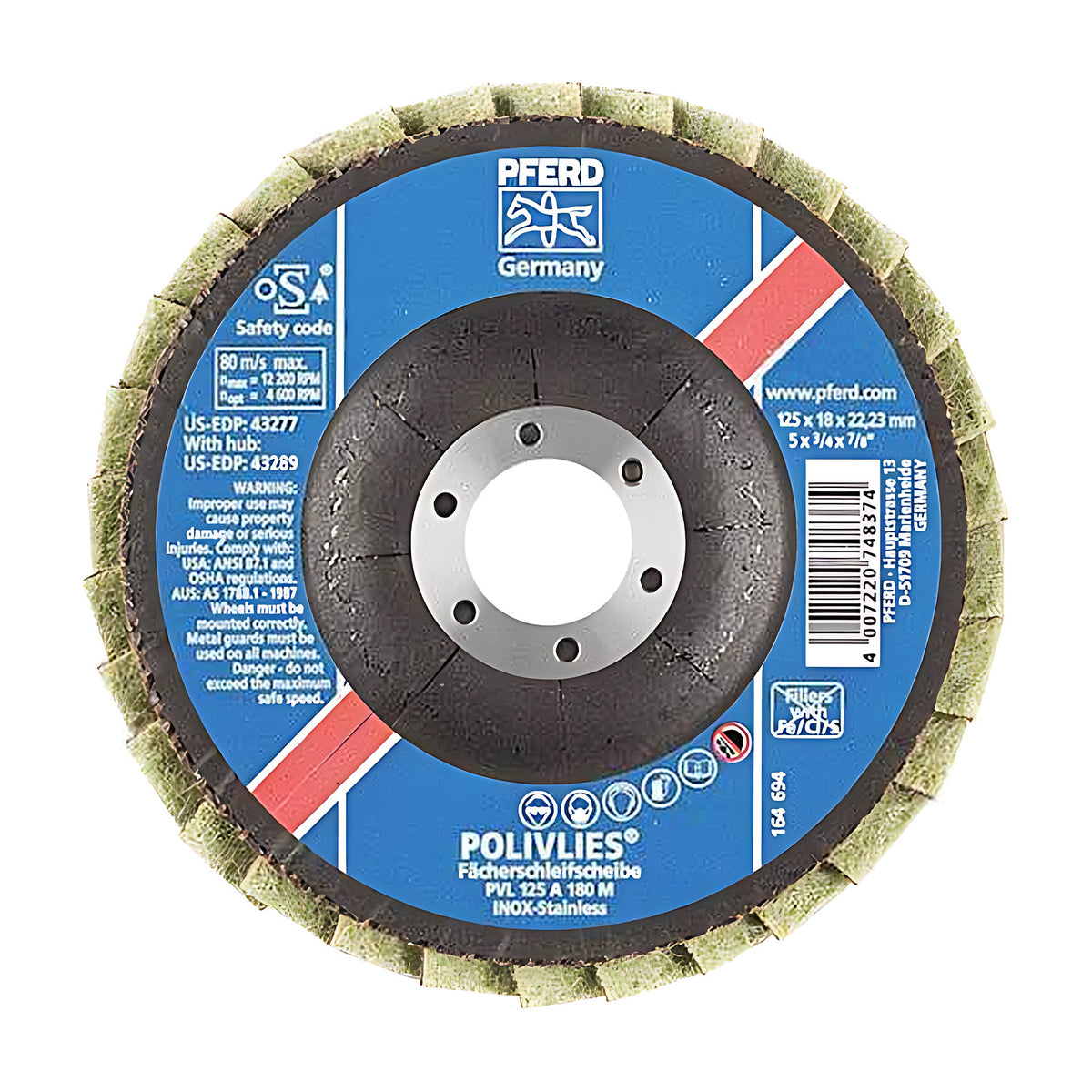 Pferd POLIVLIES PVL flap disc 125 mm, blue label marked PVL 125 A 180 M with a red stripe and a yellow-green non-woven rim