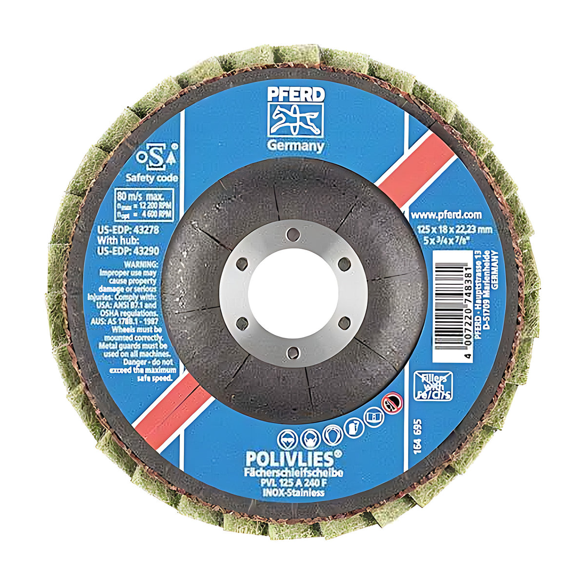 Pferd POLIVLIES PVL flap disc 125 mm, blue label marked PVL 125 A 240 F with a red stripe and a yellow-green non-woven rim